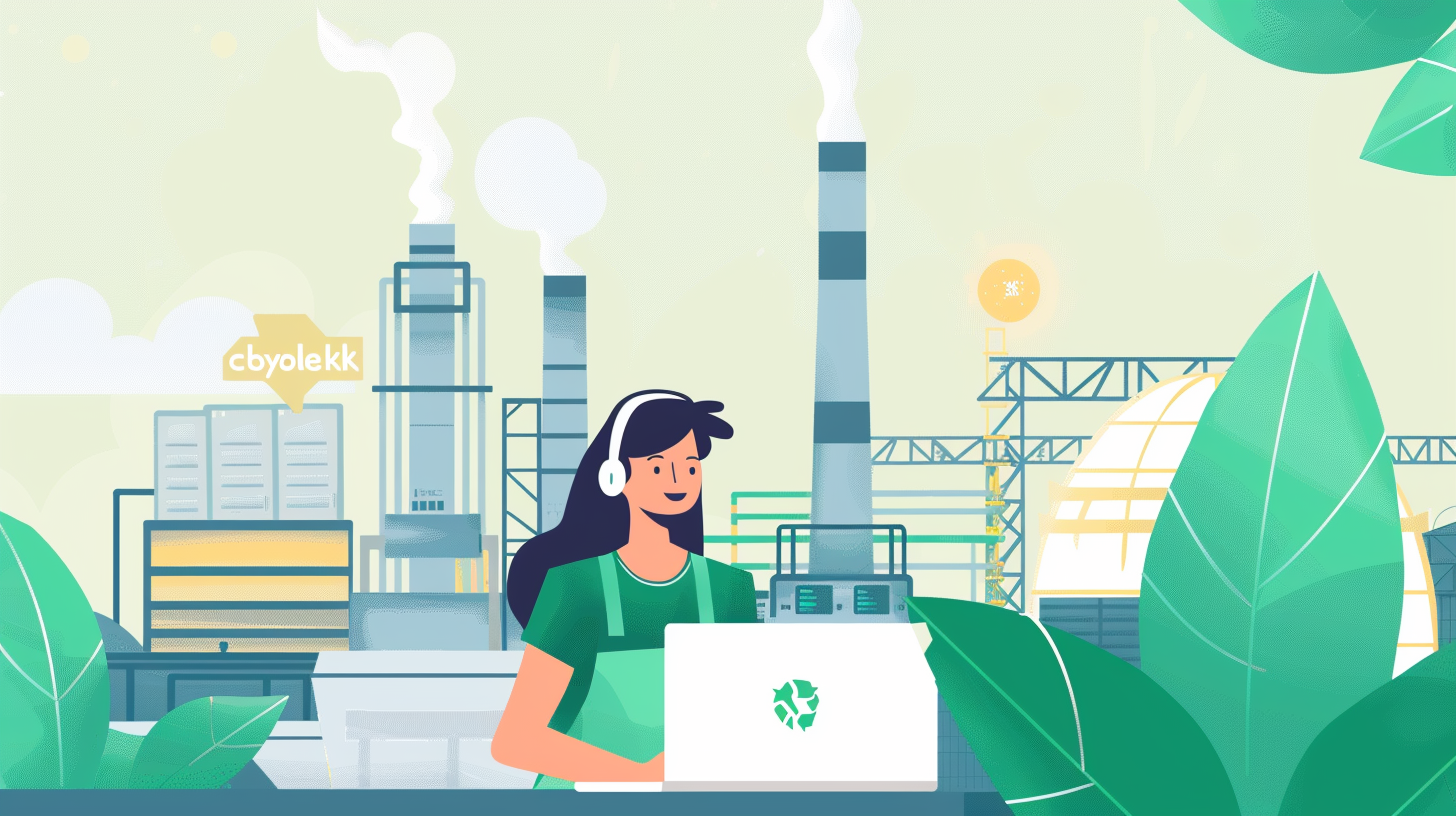 A green energy power plant with a laptop and a person in the foreground, with a smile on their face, with the Storyblok logo and the Octopus Energy