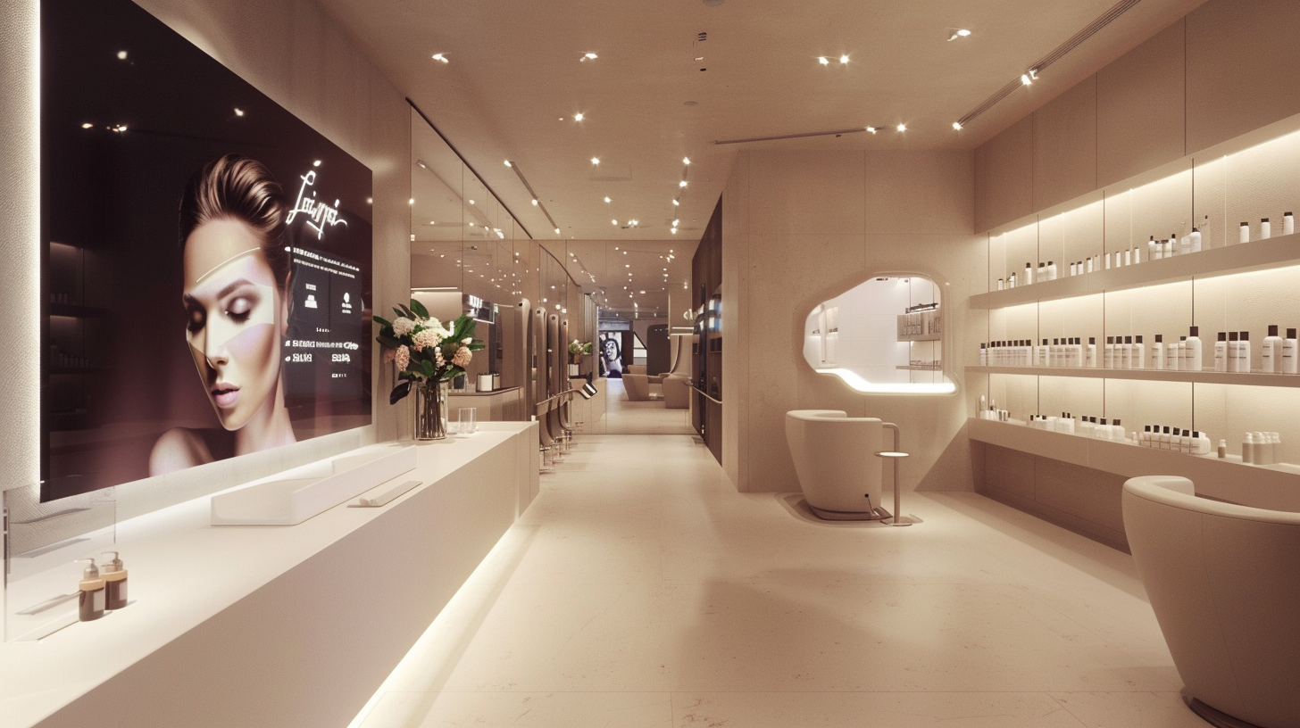 Modern beauty salon with digital displays showcasing social commerce integration