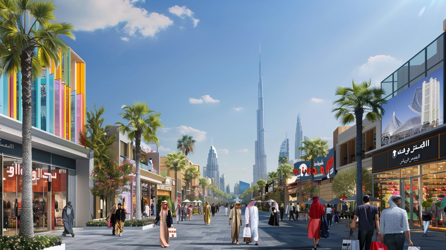 Sustainable fashion shopping district in Dubai, showcasing eco-friendly retail practices and modern architecture